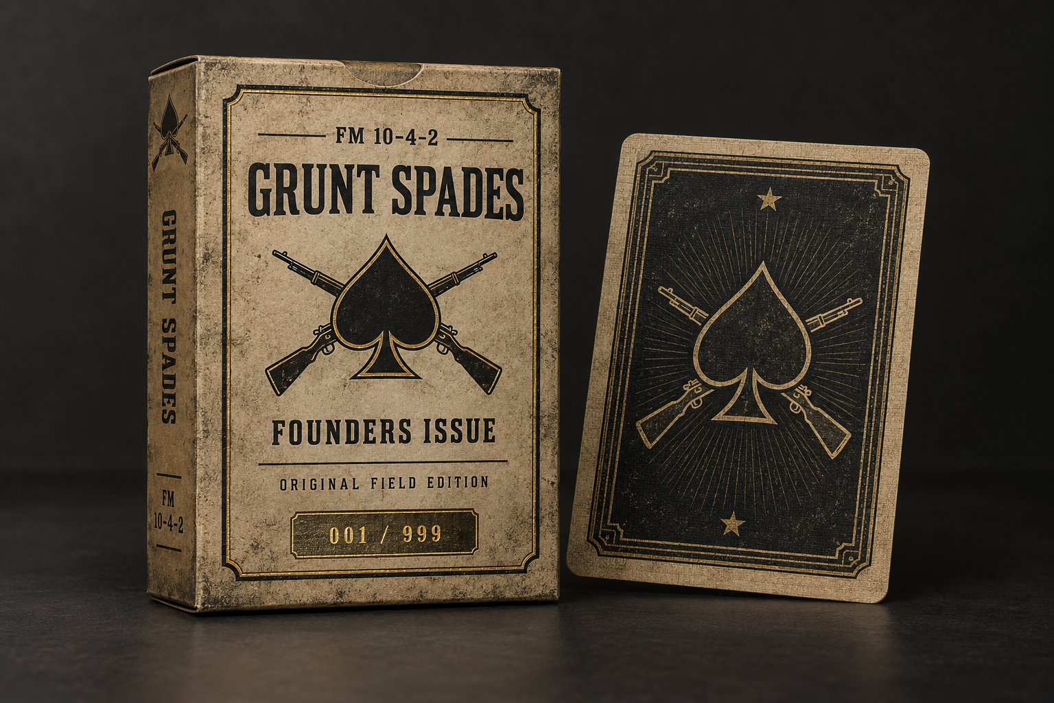 Founders Numbered Deck concept with aged tan field-manual tuck box and matching card back